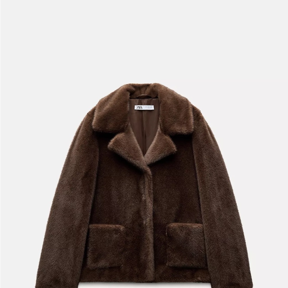Zara Brown Teddy Jacket with Collared Neckline and Fitted Silhouette LIKE NEW